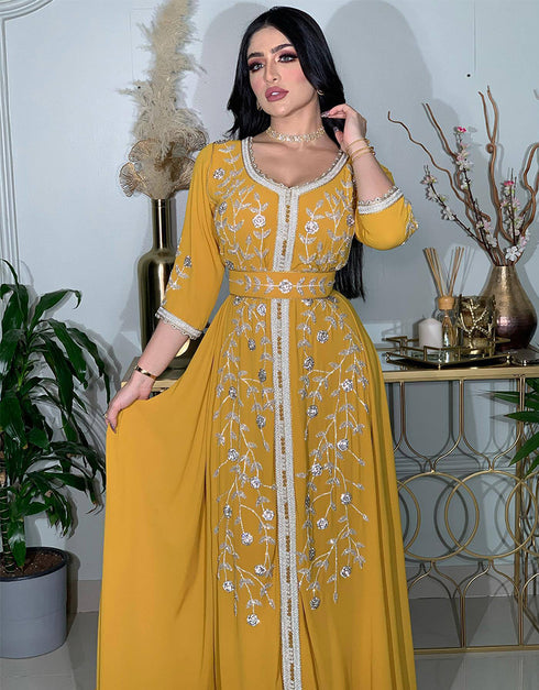 Bohemian Evening Dresses V-Neck Three Quarter A-LINE Ankle-Length Chiffon New of Embroidery Islamic Women Dress