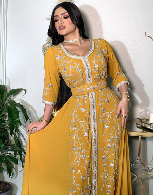 Bohemian Evening Dresses V-Neck Three Quarter A-LINE Ankle-Length Chiffon New of Embroidery Islamic Women Dress