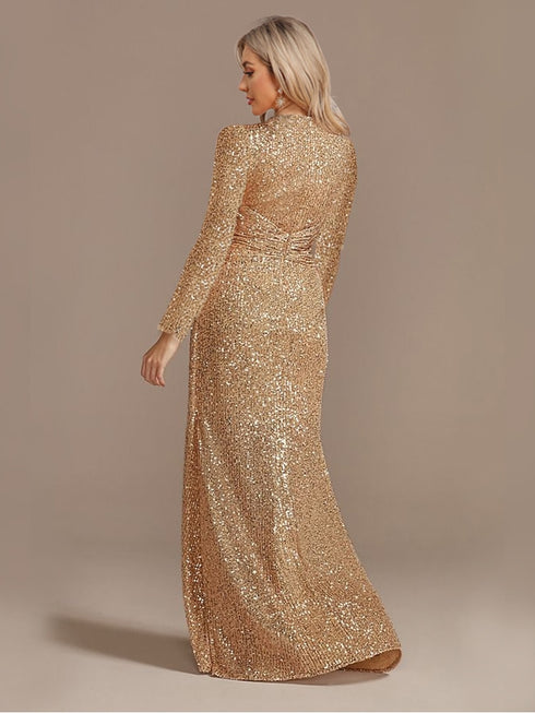 Long Sleeve V-Neck Evening Dress