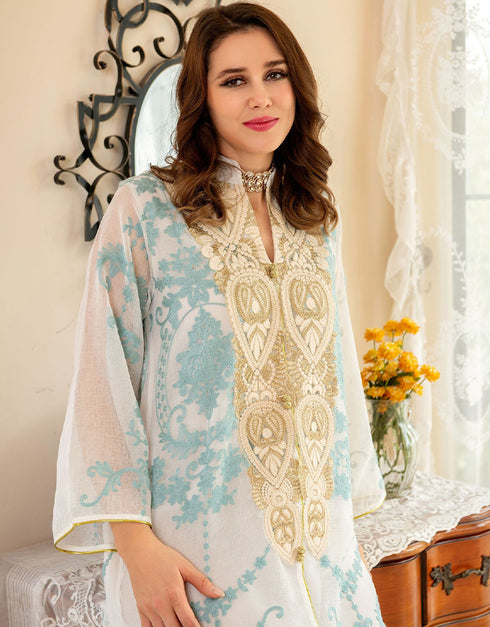 Islamic Embroidery White Jalabiya Imitation Linen Arabic Dress Women Party Wedding Abaya