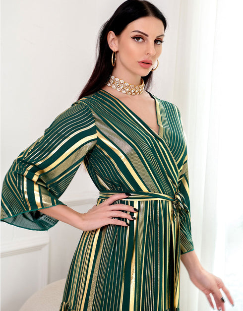 Gold Stamping Striped Chiffon Long Evening Party Gown Dress