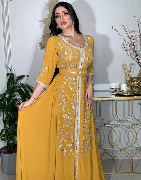 Bohemian Evening Dresses V-Neck Three Quarter A-LINE Ankle-Length Chiffon New of Embroidery Islamic Women Dress