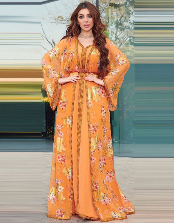 Moroccan Kaftan Dress Gold Stamping & Floral Print Arab Party Wedding Takchita for Women