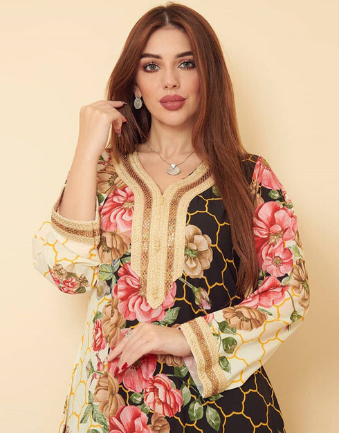 Beading Floral Print Long Arabic Dress