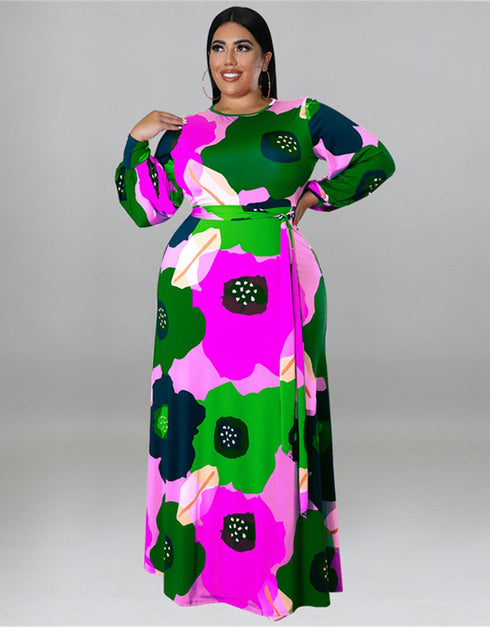 Loose Long Sleeve Flower Print Big Hem Elegant Maxi Dress for African ladies