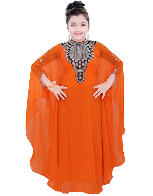 Arabic Orange Georgette Hand Zari Embroidery Farasha