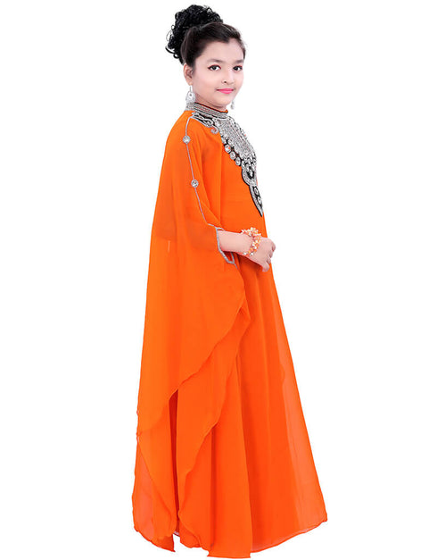Arabic Orange Georgette Hand Zari Embroidery Farasha