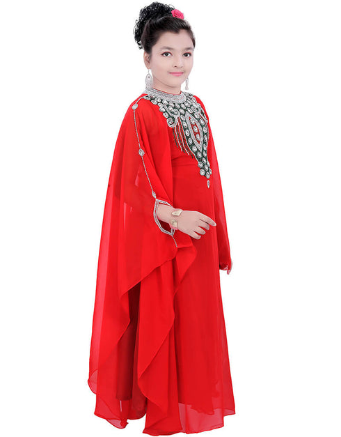 Women Ruby Red Georgette Hand Zari Embroidery Farasha