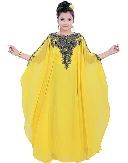 Muslimah Yellow Georgette Hand Zari Embroidery Farasha