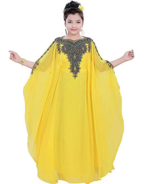 Muslimah Yellow Georgette Hand Zari Embroidery Farasha