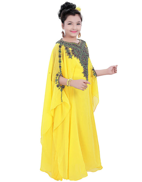 Muslimah Yellow Georgette Hand Zari Embroidery Farasha