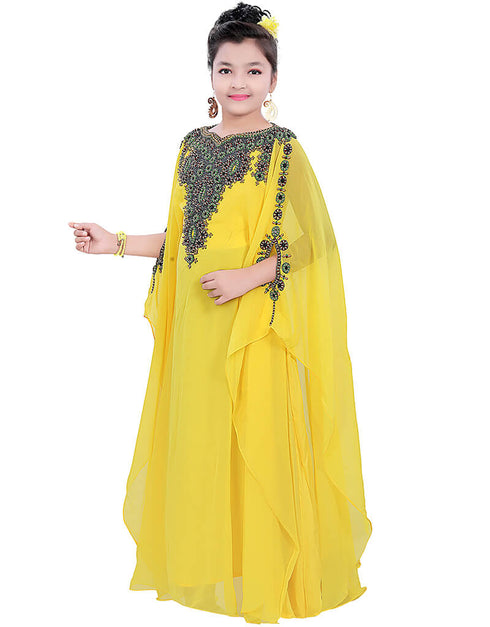Muslimah Yellow Georgette Hand Zari Embroidery Farasha