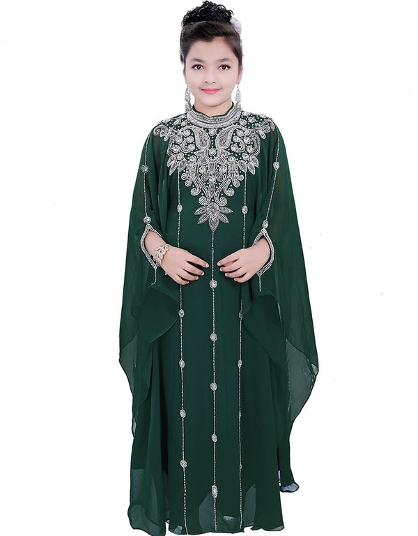 Chic Dark Green Georgette Hand Zari Embroidery Farasha