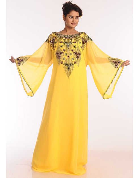 Dubai Yellow Georgette Hand Zari Embroidery Galabiya