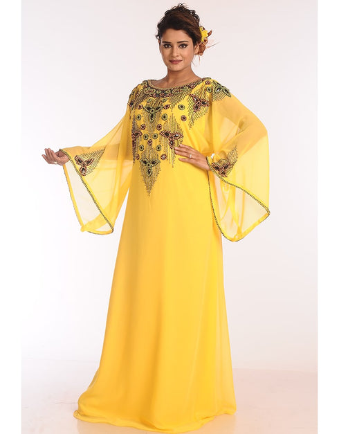 Dubai Yellow Georgette Hand Zari Embroidery Galabiya