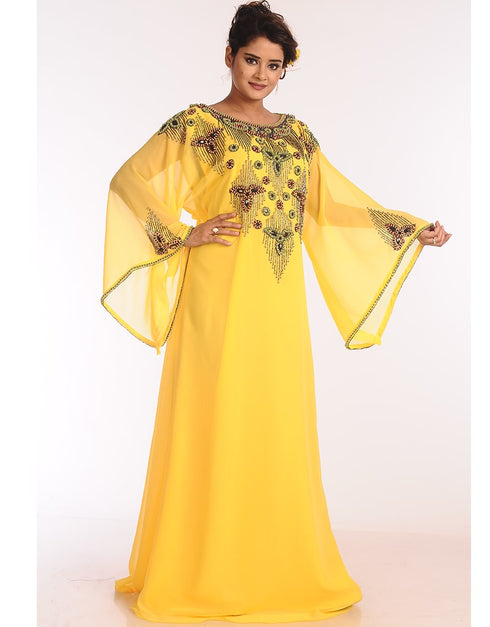 Dubai Yellow Georgette Hand Zari Embroidery Galabiya