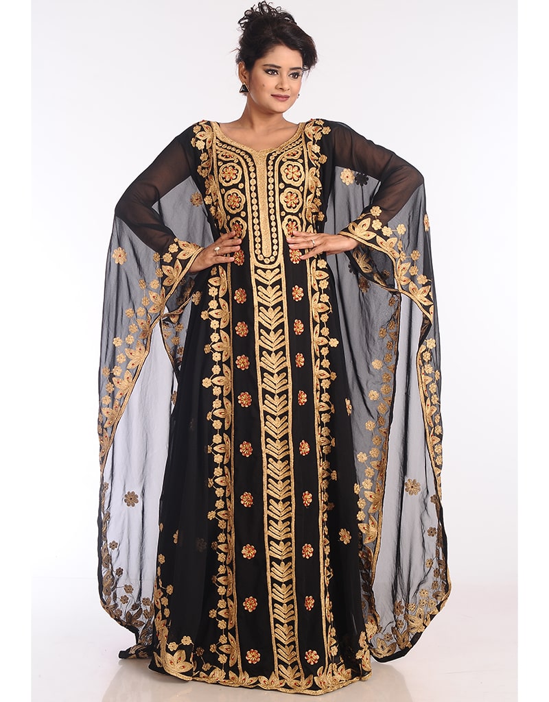 Modest White Georgette Hand Zari Golden Embroidery Moroccan Kaftan