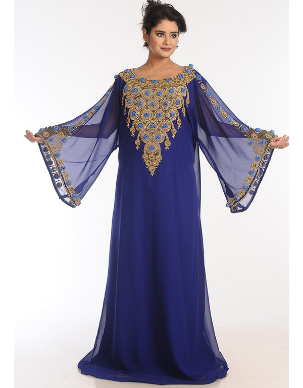 Islamic Blue Georgette Hand Zari Embroidery Galabiya