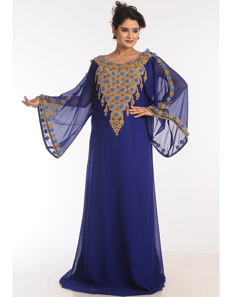 Muslimah Yellow Georgette Hand Zari Embroidery Galabiya