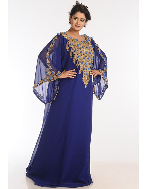 Islamic Blue Georgette Hand Zari Embroidery Galabiya