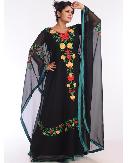 Arabic Black Georgette Hand Zari Embroidery Farasha