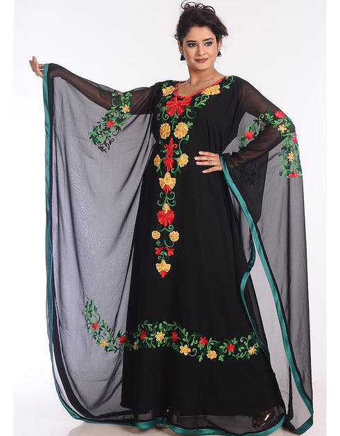 Arabic Black Georgette Hand Zari Embroidery Farasha