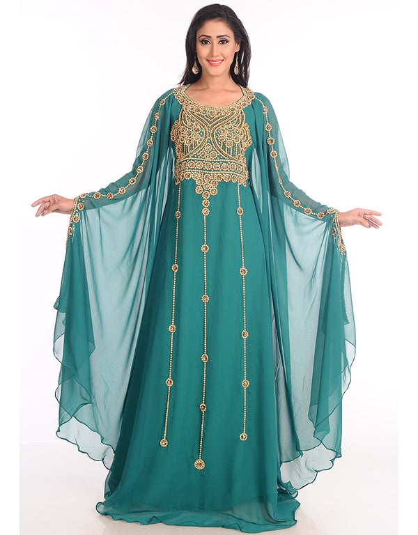 Women Teal Green Georgette Hand Zari Embroidery Farasha