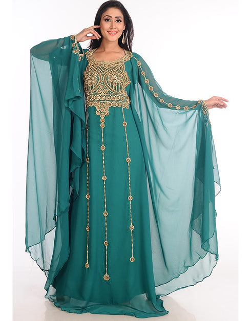 Women Teal Green Georgette Hand Zari Embroidery Farasha