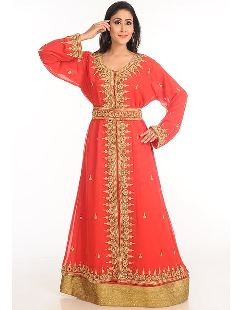 Muslimah Peach Georgette Hand Zari Embroidery Kaftan