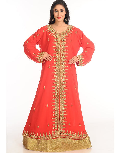 Muslimah Peach Georgette Hand Zari Embroidery Kaftan