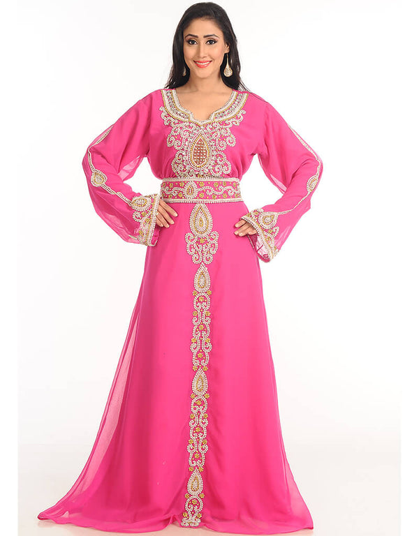 Trendy Pink Georgette Hand Zari Embroidery Kaftan