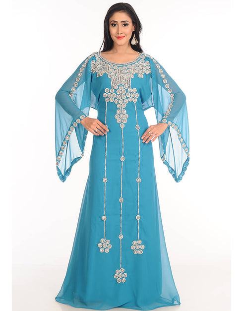 Dubai Sea Blue Georgette Hand Zari Embroidery Galabiya