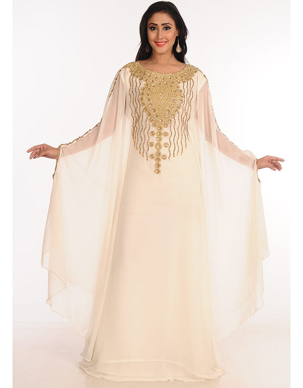 Muslim Off White Georgette Hand Zari Embroidery Farasha