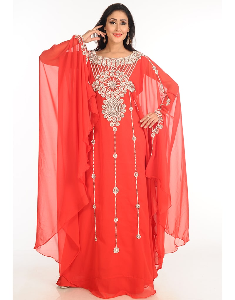 Arabic Red Georgette Hand Zari Embroidery Farasha