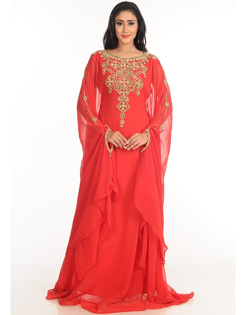 Women Red Georgette Golden Embroidered Farasha main image 1