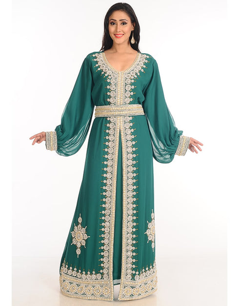 Modern Green Georgette Hand Zari Embroidery Kaftan