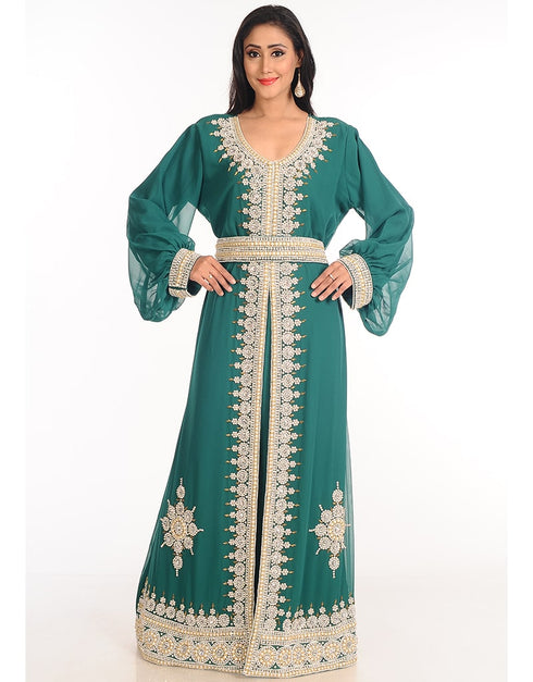 Modern Green Georgette Hand Zari Embroidery Kaftan