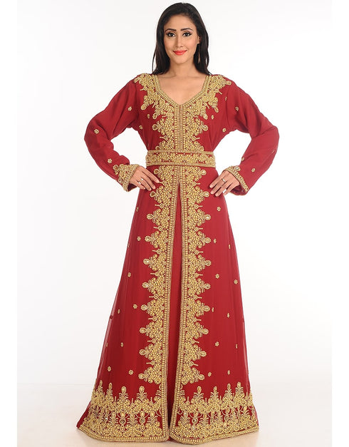 Dubai Maroon Georgette Hand Zari Embroidery Bridal Kaftan