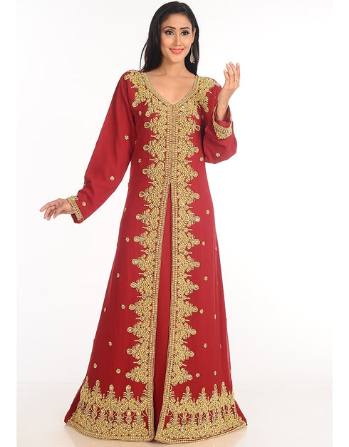 Dubai Maroon Georgette Hand Zari Embroidery Bridal Kaftan