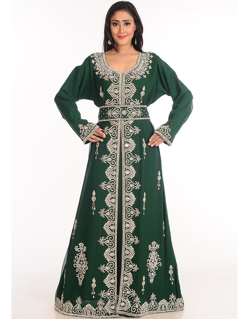 Muslim Bottle Green Georgette Hand Zari Embroidery Bridal Kaftan