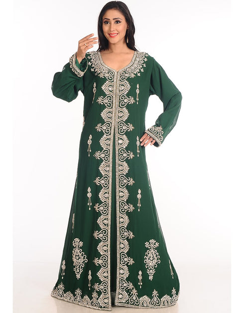 Muslim Bottle Green Georgette Hand Zari Embroidery Bridal Kaftan