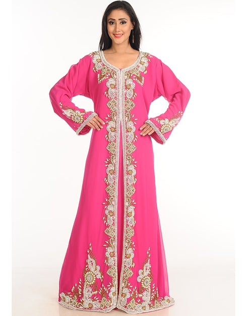 Islamic Pink Georgette Hand Zari Embroidery Kaftan