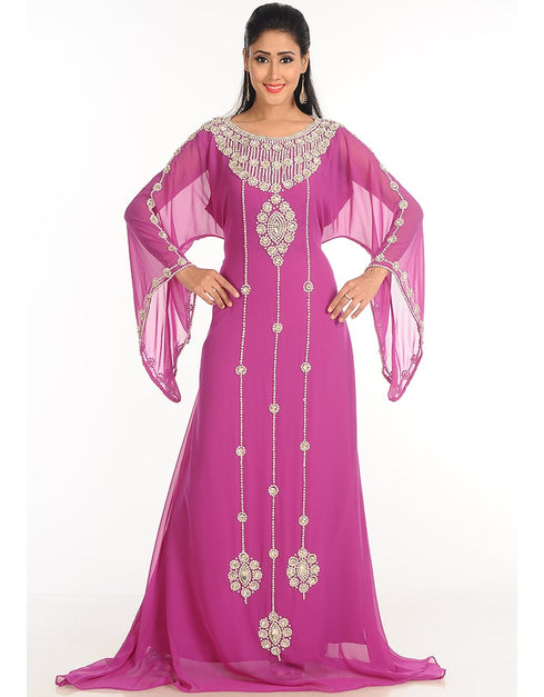 Women Pink Georgette Hand Zari Embroidery Galabiya