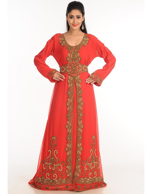 Muslimah Peach Georgette Hand Zari Embroidery Kaftan