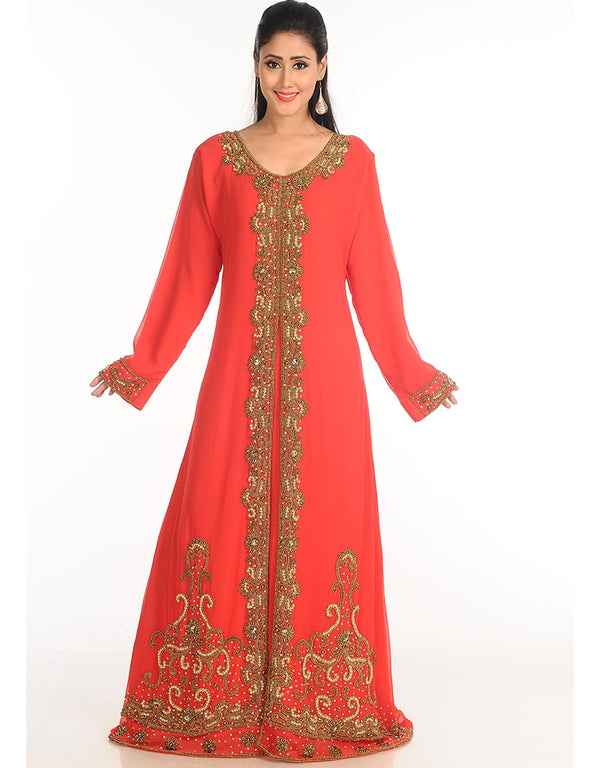 Muslimah Peach Georgette Hand Zari Embroidery Kaftan