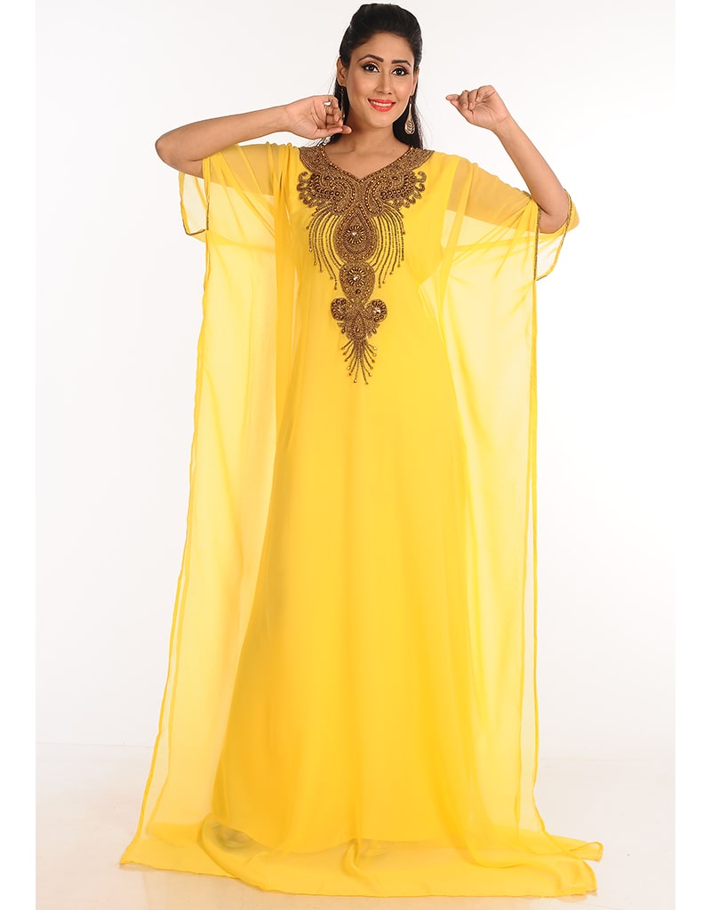 Islamic Yellow Georgette Hand Zari Embroidery Farasha