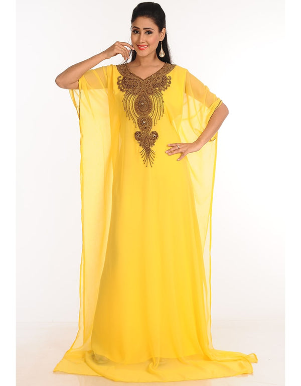 Chic Yellow Georgette Hand Zari Embroidery Farasha