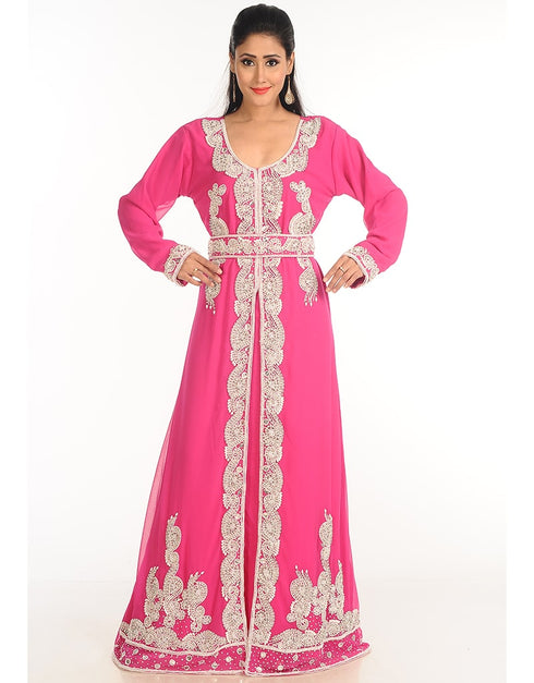 Modern Pink Georgette Hand Zari Embroidery Kaftan