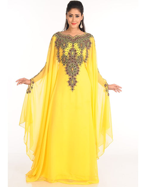 Dubai Yellow Georgette Hand Zari Embroidery Farasha