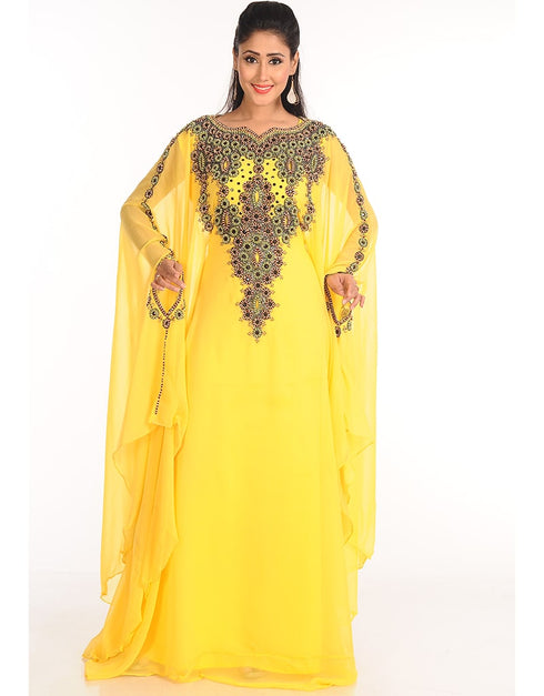 Dubai Yellow Georgette Hand Zari Embroidery Farasha